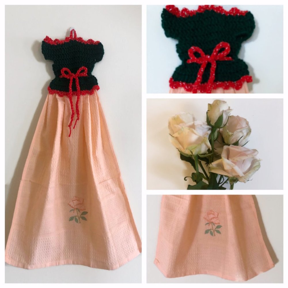 Crochet dress dish towel, New Years gift tea towel